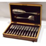 Mahogany cased set of 12 fish knives and forks together with servers