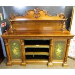 19th century rosewood chiffonier with open shelf, carved and scrolling detail on two turned and