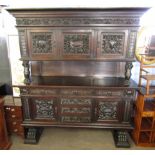 Italian large oak side cabinet moulded corners over three cupboards with an open shelf below,