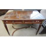 Mahogany two-drawer side table with plate glass top raised on fluted tapering supports with peg feet