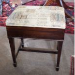 Mahogany adjustable piano stool of rectangular form, raised on tapering square supports with spade