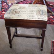 Mahogany adjustable piano stool of rectangular form, raised on tapering square supports with spade