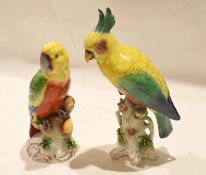 Pair of Continental porcelain parrots, highly coloured on branches, with four splayed feet,