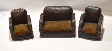 Late 19th/early 20th century apprentices club suite of two easy chairs and matching sofa, sofa