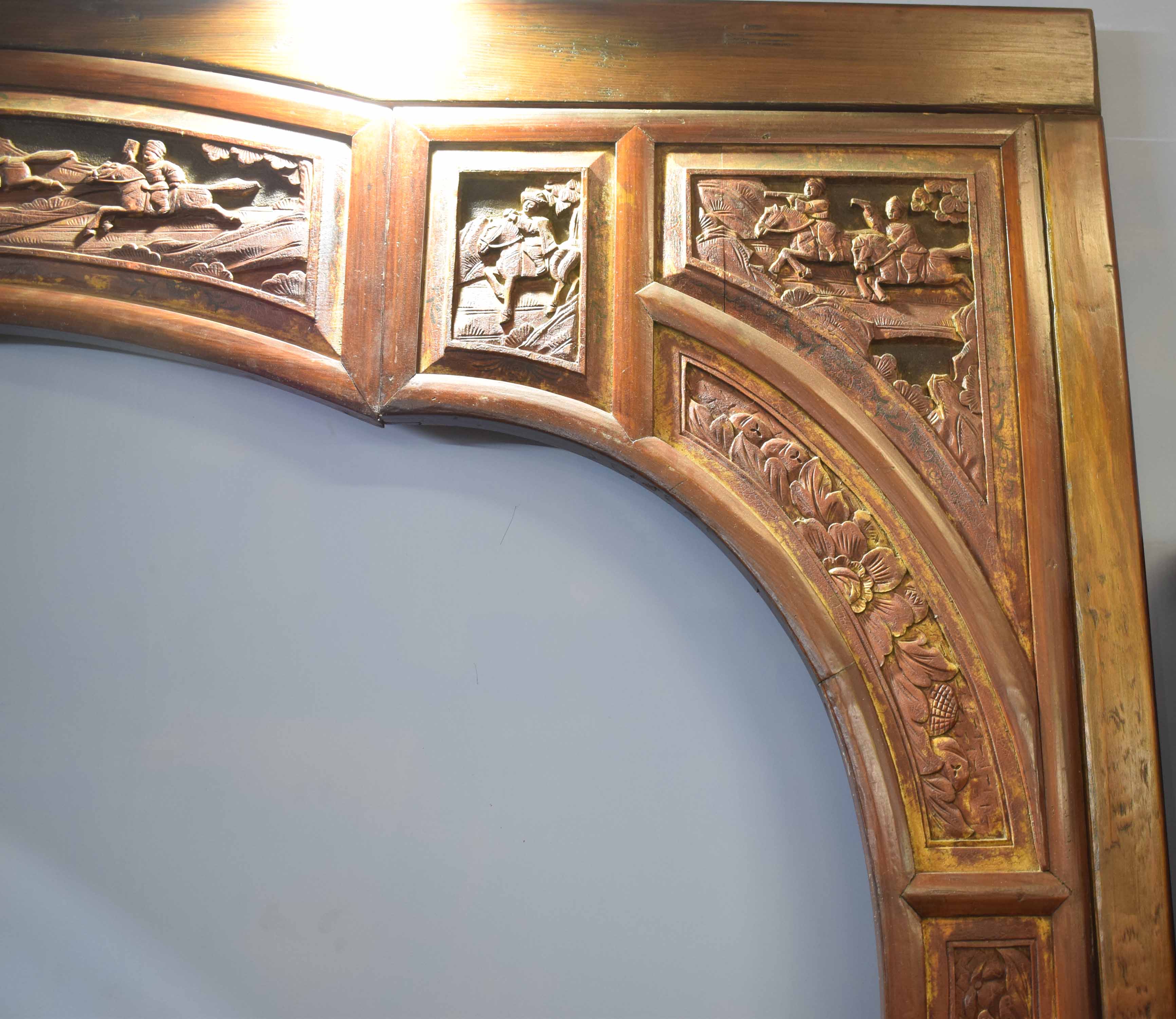 Extremely large Chinese wooden door surround comprising of two side panels with gilt and red - Image 4 of 4