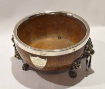 Silver plated mounted oak fruit bowl, inscribed with presentation plaque "Silver wedding greetings