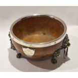 Silver plated mounted oak fruit bowl, inscribed with presentation plaque "Silver wedding greetings