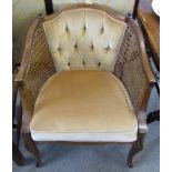 Early 20th century walnut framed Bergere and mushroom Dralon upholstered armchair with Dralon drop