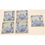 Group of five English Delft blue and white tiles