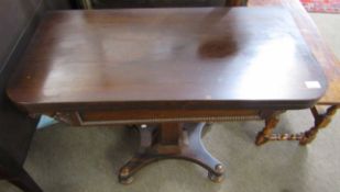 William IV period rosewood fold-top card table, beaded frieze raised on chamfered square support