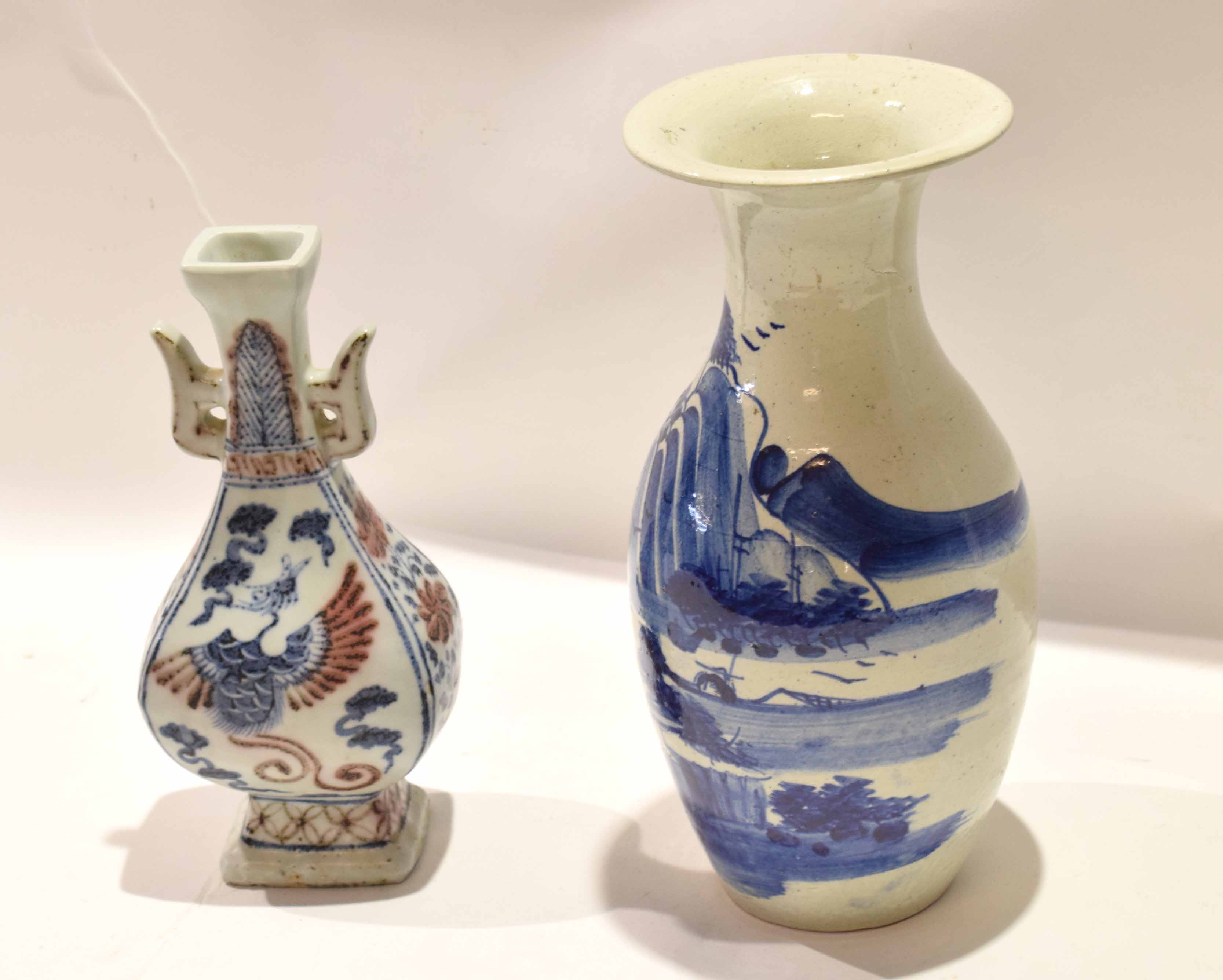 Chinese Ming style porcelain vase of flattened form with two panels of bird decoration with