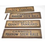 Three open plywood signs, Cannells Golden Tankard, Giant Tankard, Marrow Stem Kale, each 42cm wide