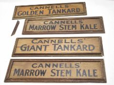 Three open plywood signs, Cannells Golden Tankard, Giant Tankard, Marrow Stem Kale, each 42cm wide