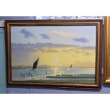 Peter Bearman (20th century) Broads scene at sunset oil on canvas, signed lower left, 59 x 89cm