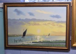 Peter Bearman (20th century) Broads scene at sunset oil on canvas, signed lower left, 59 x 89cm