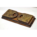 Set of Victorian walnut cut brass mounted adjustable bookends, 38cm wide