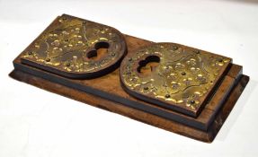 Set of Victorian walnut cut brass mounted adjustable bookends, 38cm wide