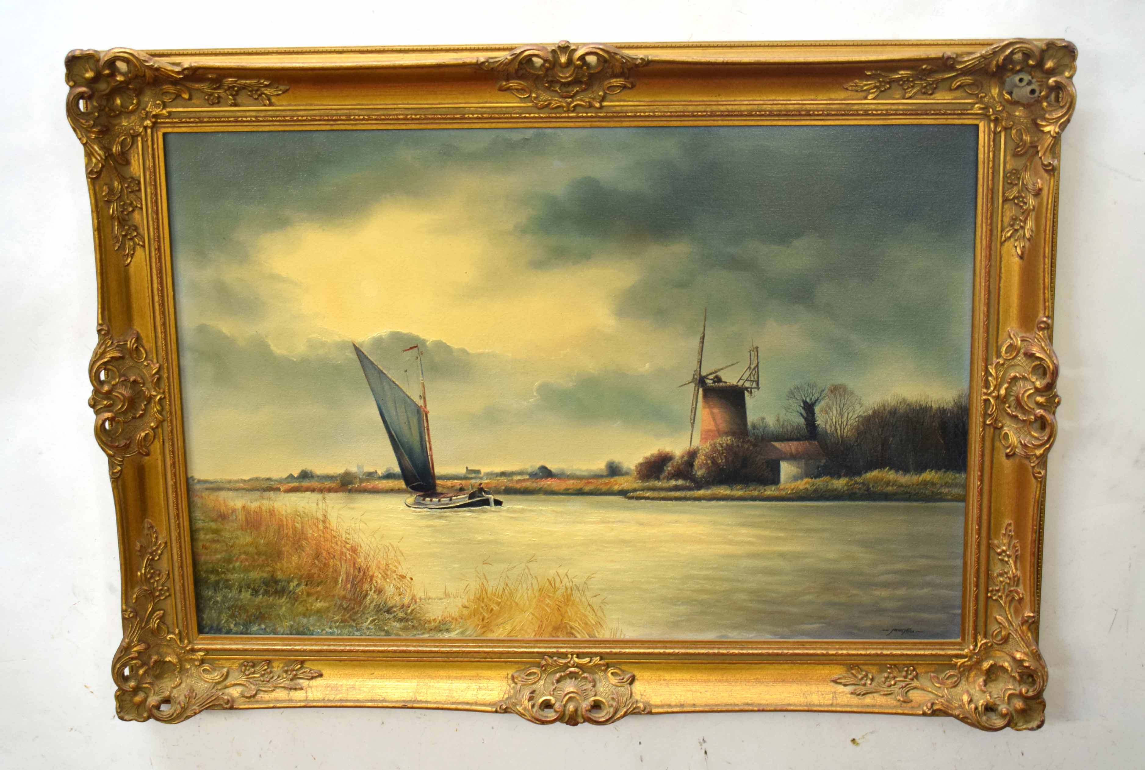 James J Allen (contemporary) "Evening Wherry at Oby Mill" oil on canvas, signed lower right, 48 x