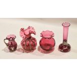 Group of ruby glass with overlaid white metal Art Nouveau designs, including two baluster vases, a