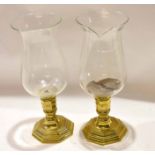 Pair of brass and glass candle lamps (one shade broken), 40cm high