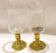 Pair of brass and glass candle lamps (one shade broken), 40cm high