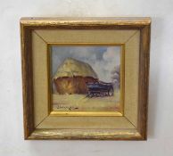 Stephen Walker (1900-2004) Tumble cart by haystack oil on board, signed lower left, 10 x 10cm