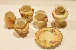 Group of blush Worcester wares, late 19th/early 20th century, comprising pair of quatrelobe shaped