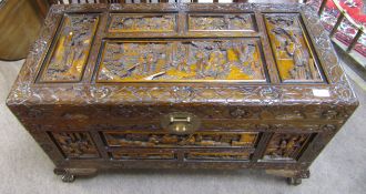 20th century Burmese carved hardwood and camphor lined storage chest heavily carved to all sides