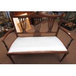 Edwardian inlaid mahogany cottage settee with three pierced and shell inlaid panels to back,
