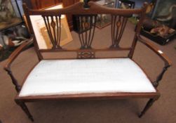 Edwardian inlaid mahogany cottage settee with three pierced and shell inlaid panels to back,