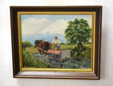 John Munnings (1916-1987) "Harvest by Thornham Mill" oil on board, signed lower left, together