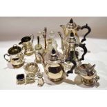 Silver plated five-piece tea set, cruet, salt, tea strainer etc