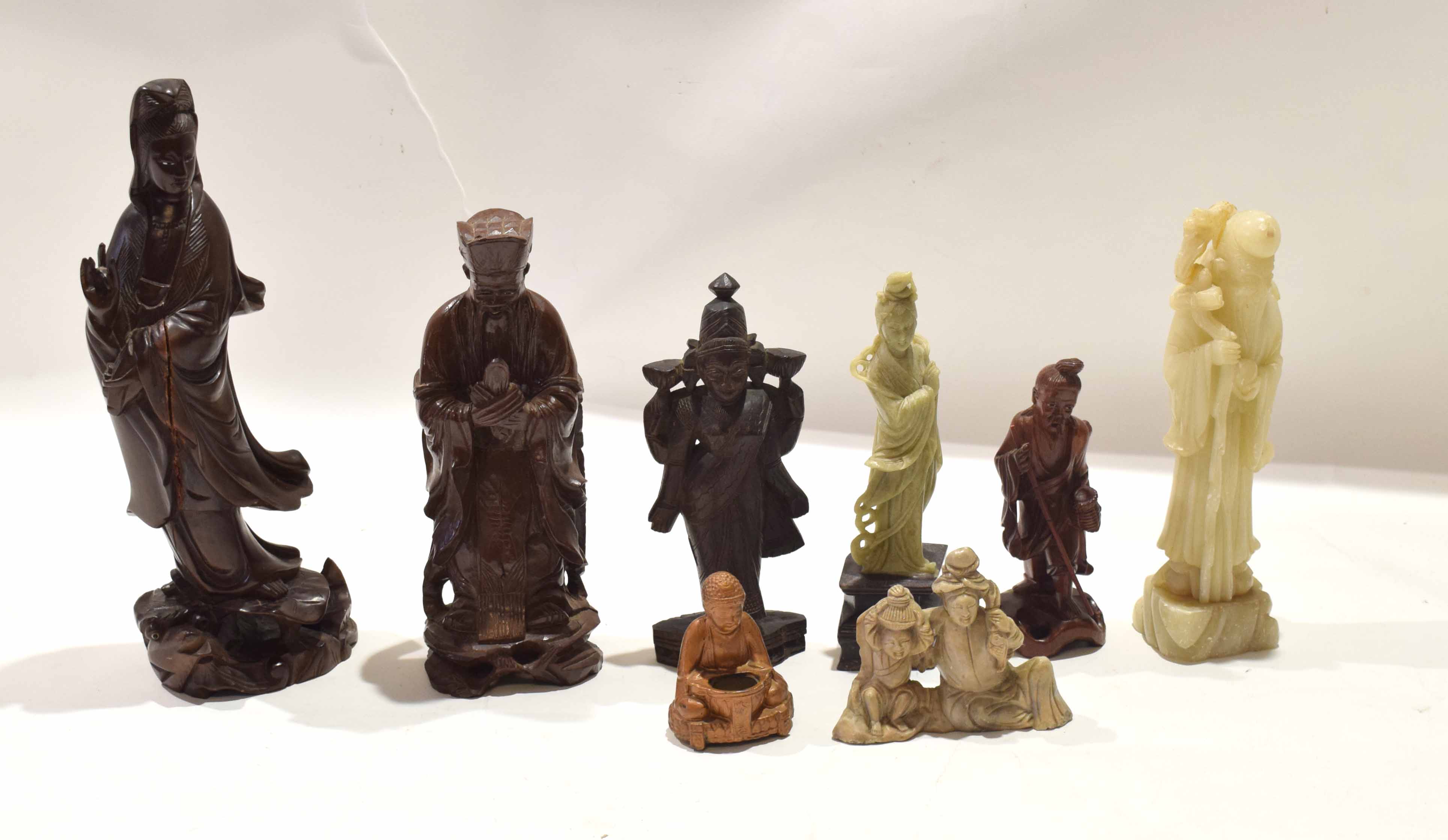 Group of eight Chinese figures of immortals or deities including four wooden carved figures, one - Image 2 of 2