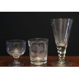 Large glass cordial with wrythen stem, together with a glass and a tumbler engraved with a