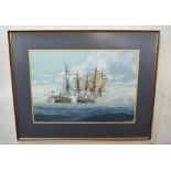 Gerald R Davies (20th century) Naval battle watercolour, signed lower right, 48 x 68cm