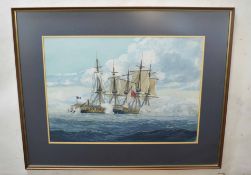 Gerald R Davies (20th century) Naval battle watercolour, signed lower right, 48 x 68cm