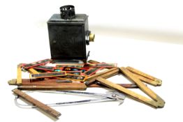 Box of various vintage slide rules, magic lantern and slides etc