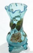 Late 19th century opalescent glass vase with applied beaded decoration of flowers and a beetle,