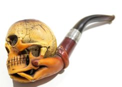 Vintage Meerschaum pipe, the bowl in the form of a skull, applied with hallmarked silver collar,