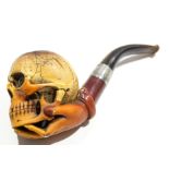 Vintage Meerschaum pipe, the bowl in the form of a skull, applied with hallmarked silver collar,