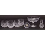 Four Waterford Lismore tumblers, a small vase, clock and a glass tazza (7)