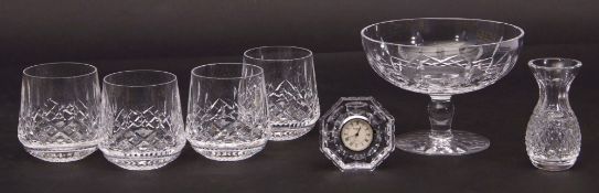 Four Waterford Lismore tumblers, a small vase, clock and a glass tazza (7)