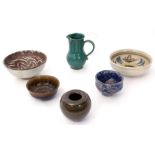 Group of Studio Pottery with some bowls by Andrew Hill and a green glazed ewer, also by Hill, (6),