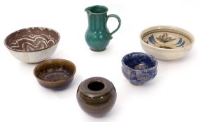 Group of Studio Pottery with some bowls by Andrew Hill and a green glazed ewer, also by Hill, (6),