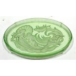 Green glass oval Art Deco bowl impressed with a mermaid and fish, probably by Walther & Sohne,