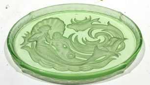 Green glass oval Art Deco bowl impressed with a mermaid and fish, probably by Walther & Sohne,