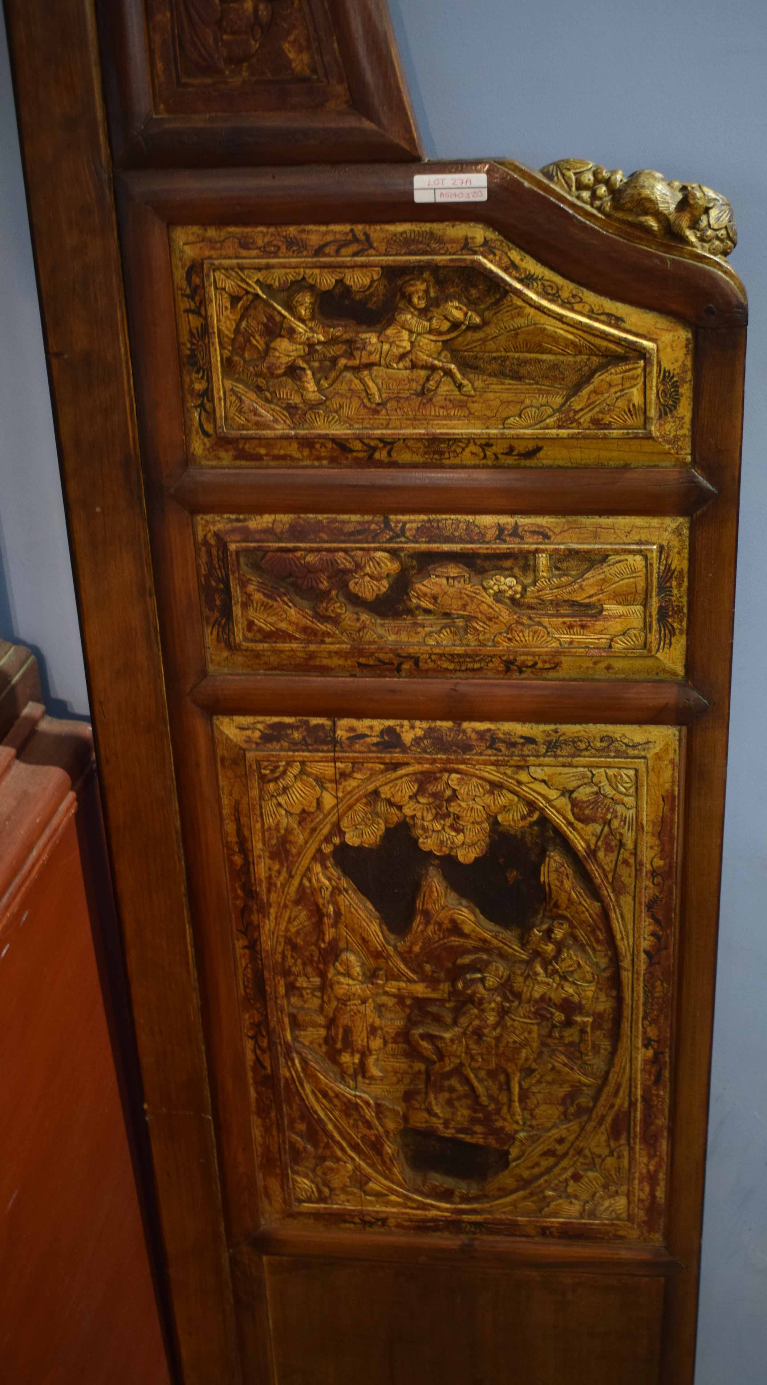 Extremely large Chinese wooden door surround comprising of two side panels with gilt and red - Image 2 of 4