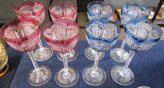 Set of eight European hobnail cut glass wine glasses, 4 stained blue and 4 stained ruby (8)