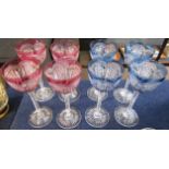 Set of eight European hobnail cut glass wine glasses, 4 stained blue and 4 stained ruby (8)