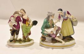 Two Continental porcelain groups after Meissen, one of a farmer and milkmaid, the other of children,